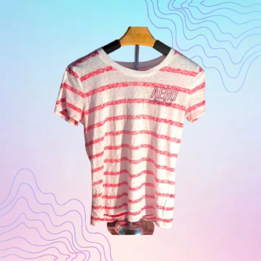 AEROPOSTALE Juniors Medium Pink & White Striped Graphic Tee